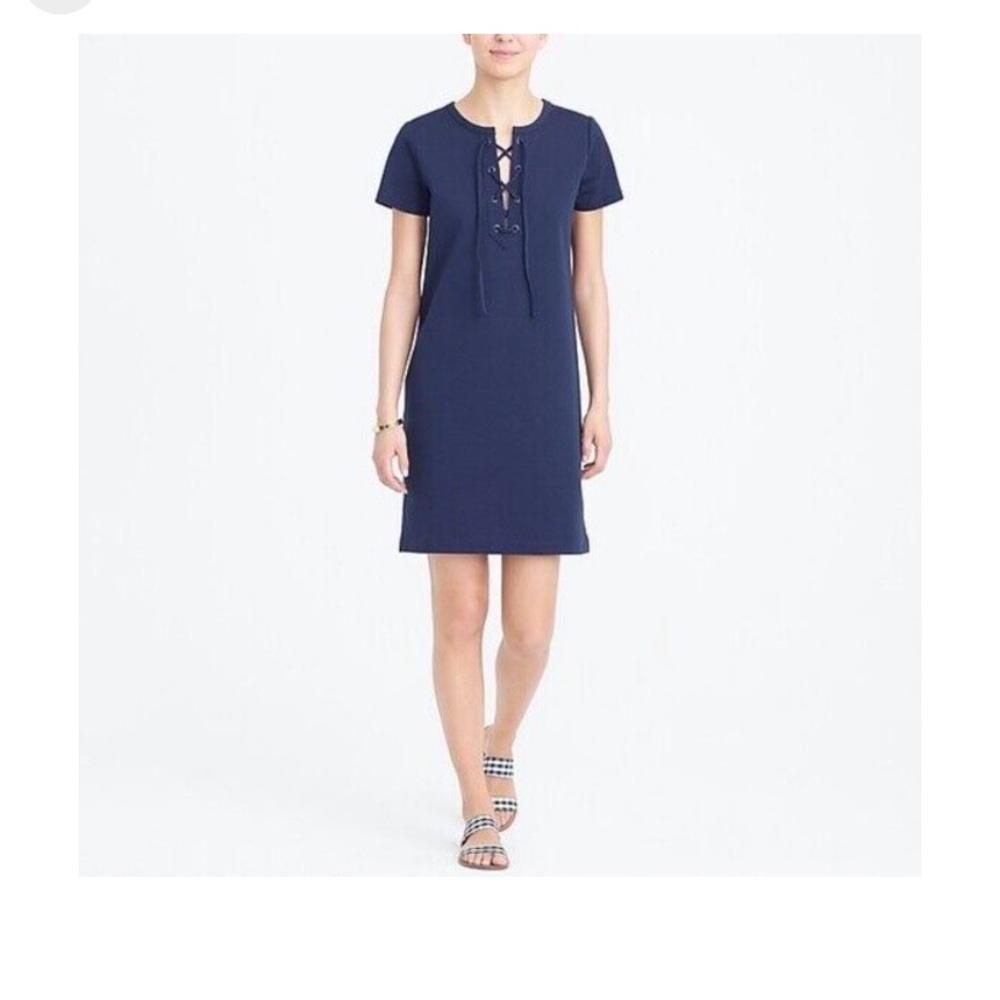 J Crew Navy Blue Short Sleeve Knit Grommet Lace Up Dress Size XS Shift NWOT